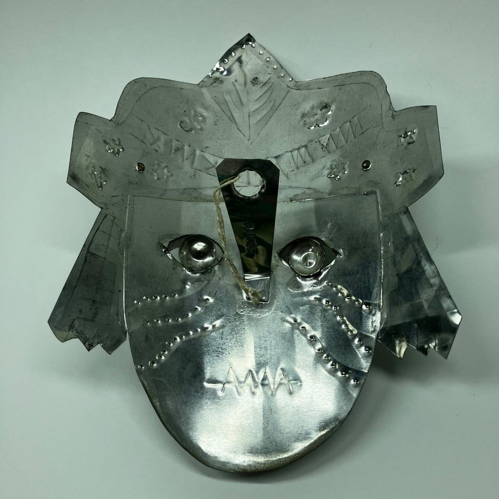 Vintage Mexican Folk Art Metal Mask Hojalata 8x6 Silver Warrior Hand Punched - Picture 9 of 12